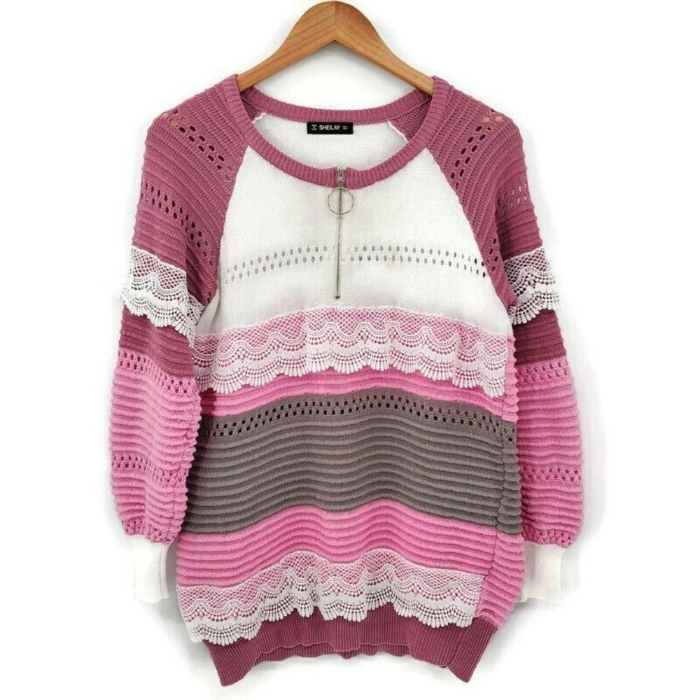 Womens Half Zip Color Block‎ Pullover Sweater Sz S Pink Lace Shabby Chic Sheilay